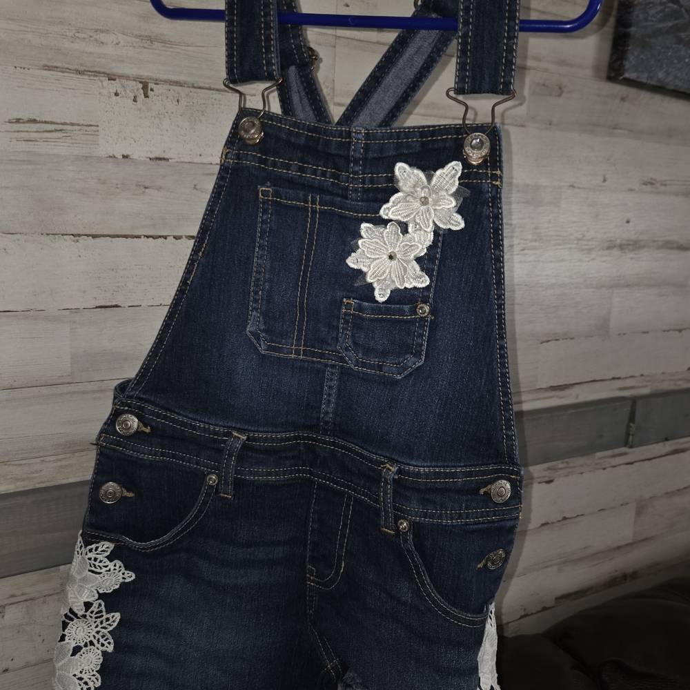 Denim Blue Floral-Appliqué Kids Overalls